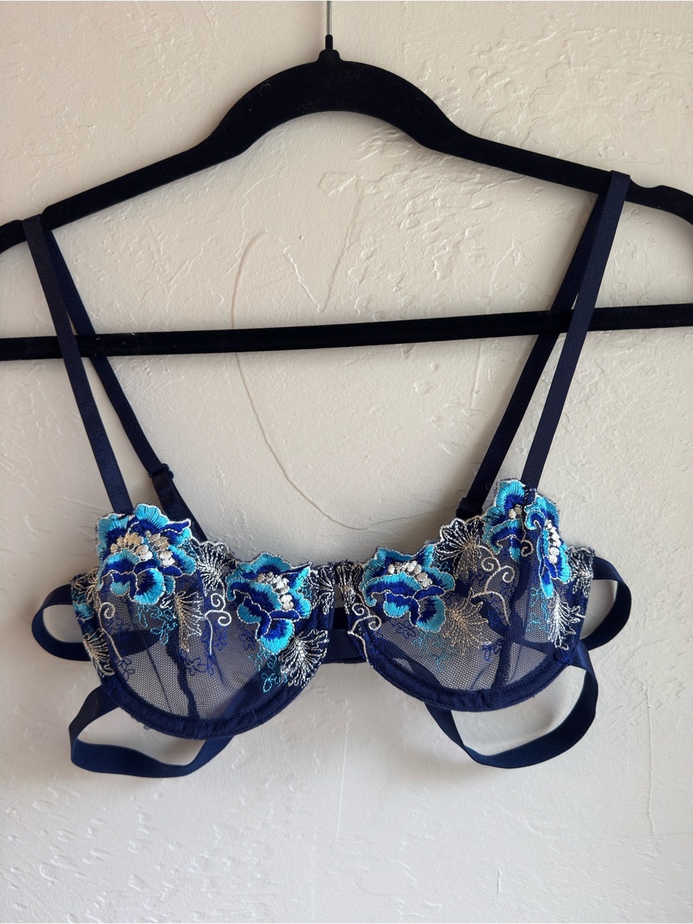 Navy Floral Embroidered Sheer Balconette Bra